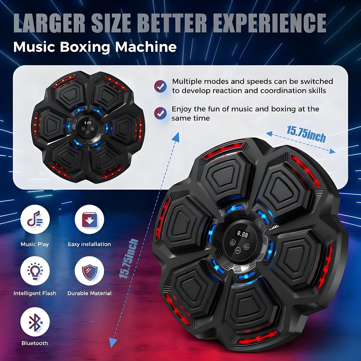 Music Boxing Machine for Adults, Bluetooth Smart Boxing Trainer, Wall-Mounted Punching Target for Kids, Reflex Training Equipment Suitable for Home, Office & Gym, Fun Fitness Gear