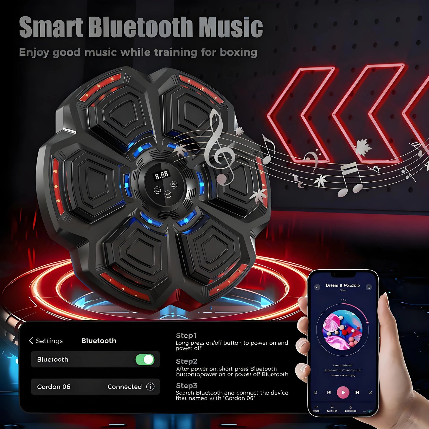Music Boxing Machine for Adults, Bluetooth Smart Boxing Trainer, Wall-Mounted Punching Target for Kids, Reflex Training Equipment Suitable for Home, Office & Gym, Fun Fitness Gear