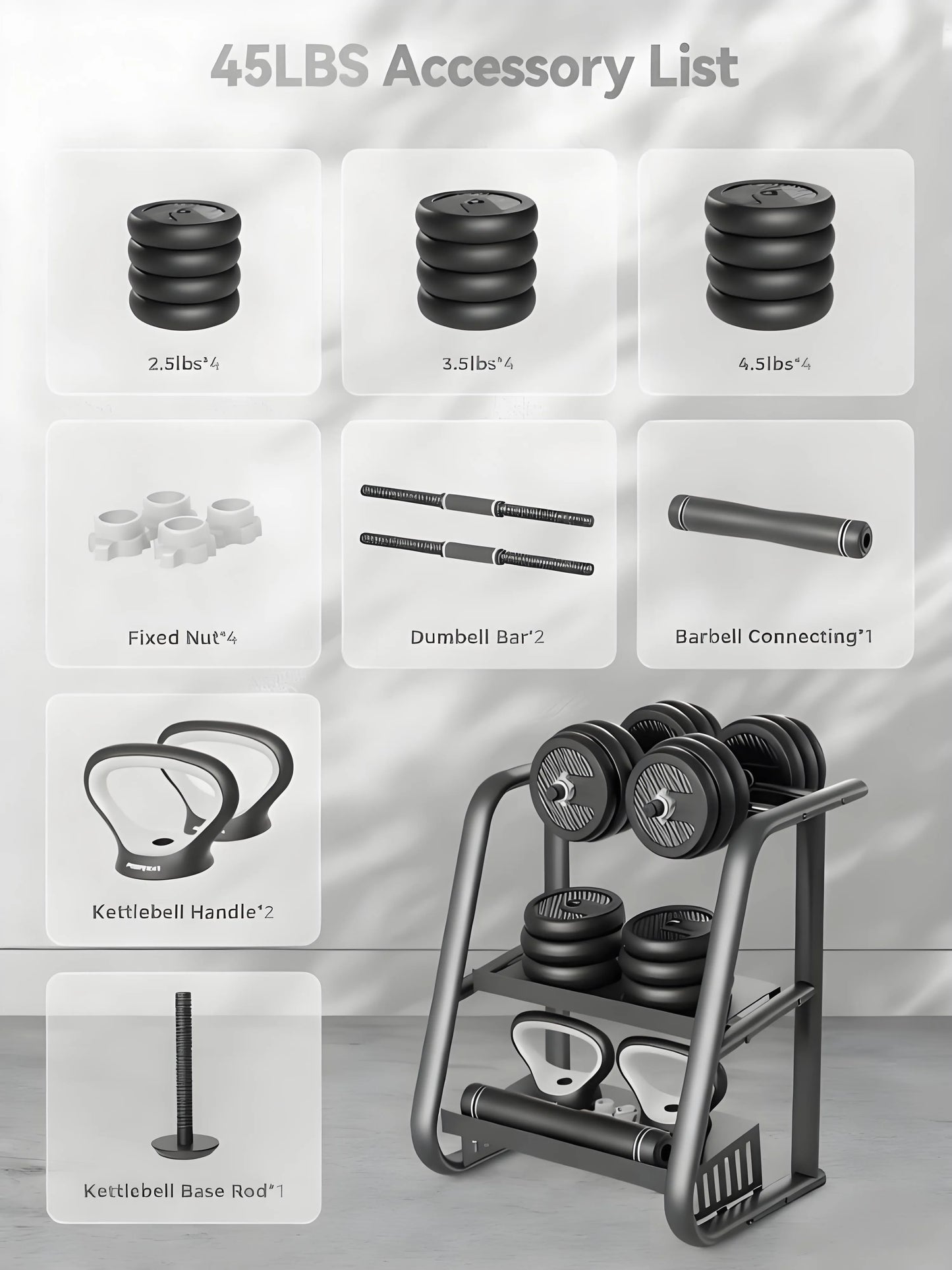 45lbs Connectable Dumbbell Set, 5-in-1 Multifunctional Fitness Equipment - Can Be Used as Barbell, Kettlebell, Push-up Stand, Weight Plate, Suitable for Home Gym, Unisex