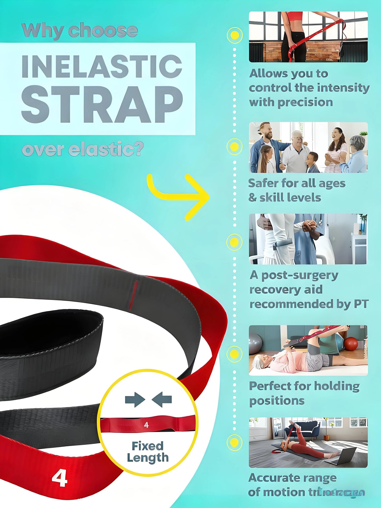 Stretching Strap with Loops - Non-Elastic Stretch Band for Physical Therapy, Yoga Stretching Equipment, Exercise Band for Flexibility, Fascia & Hamstring & Leg Stretcher Belt