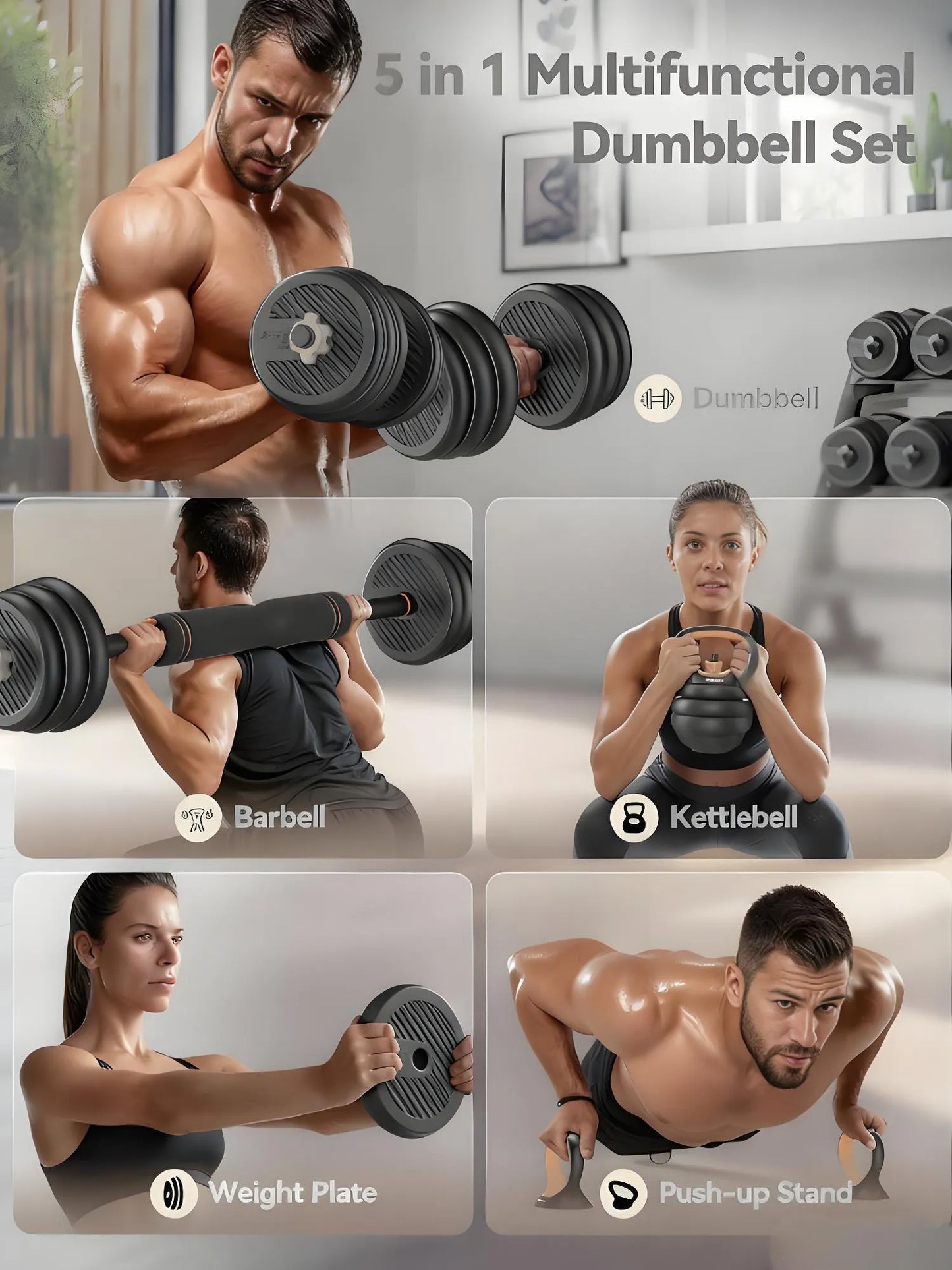 45lbs Connectable Dumbbell Set, 5-in-1 Multifunctional Fitness Equipment - Can Be Used as Barbell, Kettlebell, Push-up Stand, Weight Plate, Suitable for Home Gym, Unisex