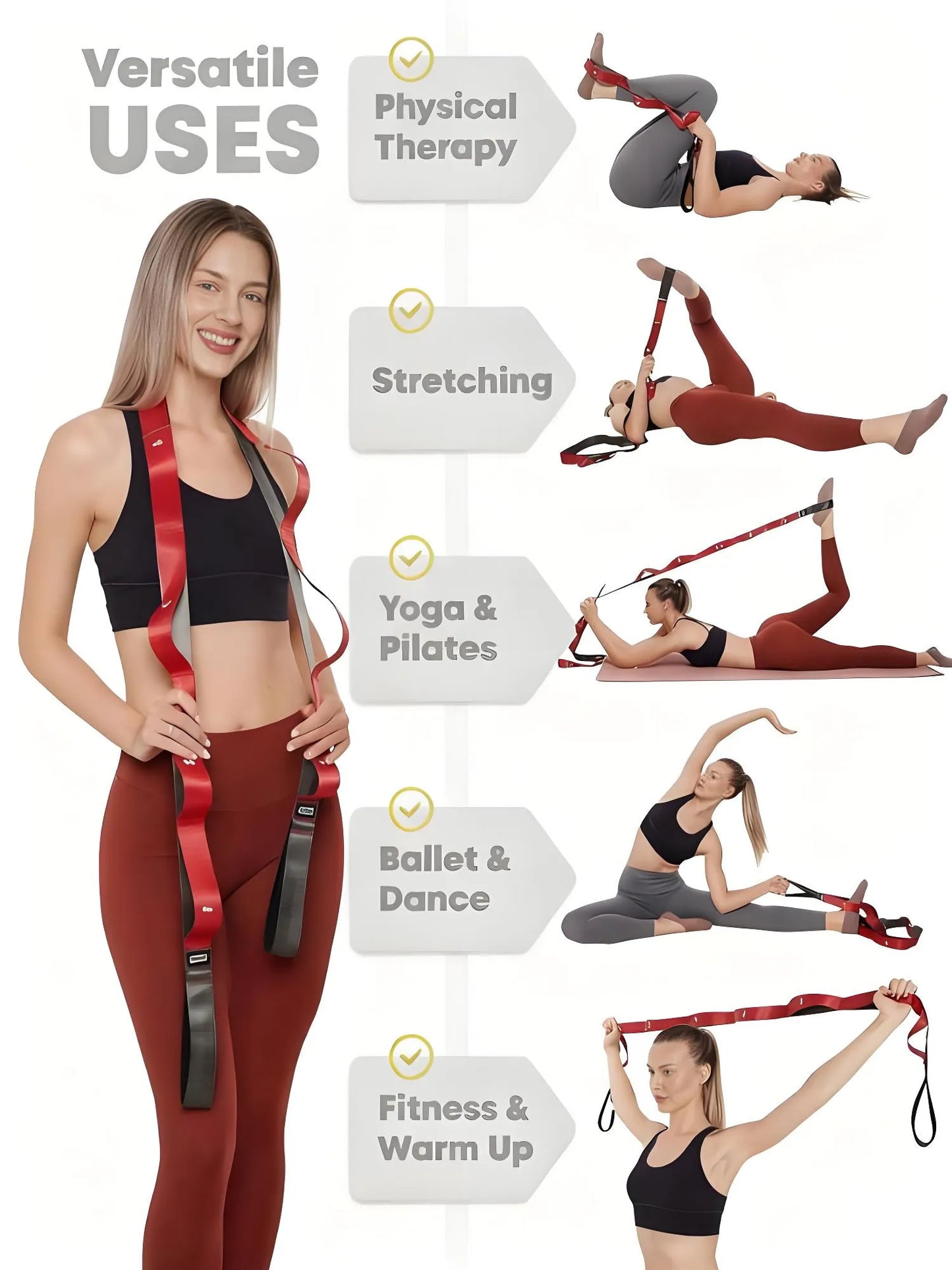 Stretching Strap with Loops - Non-Elastic Stretch Band for Physical Therapy, Yoga Stretching Equipment, Exercise Band for Flexibility, Fascia & Hamstring & Leg Stretcher Belt