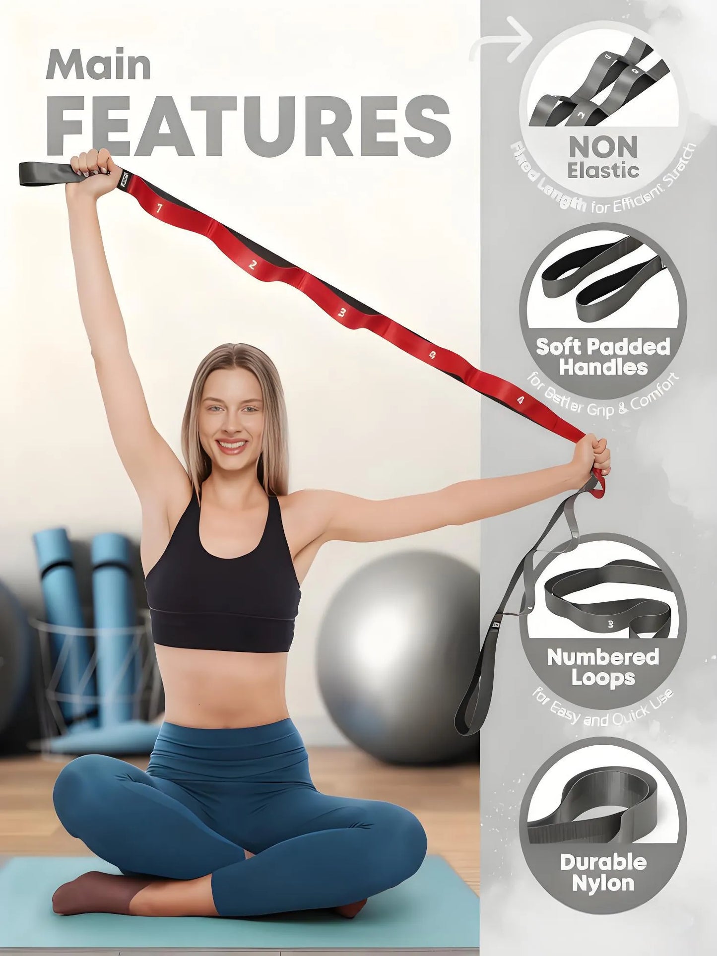 Stretching Strap with Loops - Non-Elastic Stretch Band for Physical Therapy, Yoga Stretching Equipment, Exercise Band for Flexibility, Fascia & Hamstring & Leg Stretcher Belt