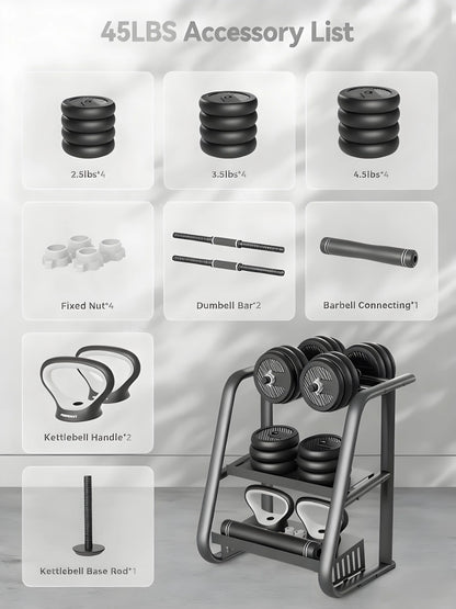 45lbs Connectable Dumbbell Set, 5-in-1 Multifunctional Fitness Equipment - Can Be Used as Barbell, Kettlebell, Push-up Stand, Weight Plate, Suitable for Home Gym, Unisex