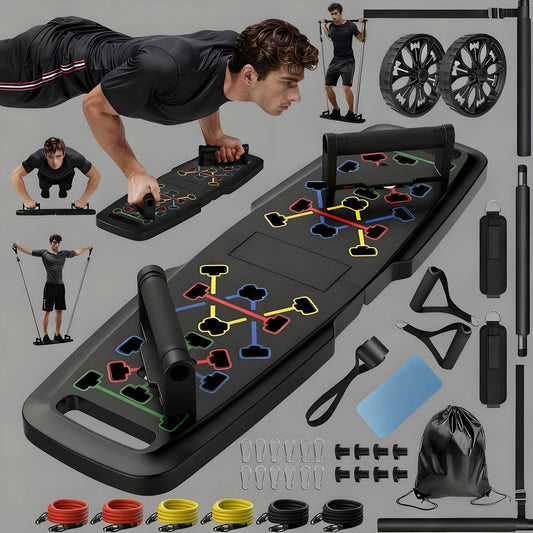 Portable Home Gym Push Up Board Kit - 20pcs Fitness Accessories with Pilates Bar, Resistance Bands & Ab Roller Wheel, Full Body Workout Equipment for Home Use